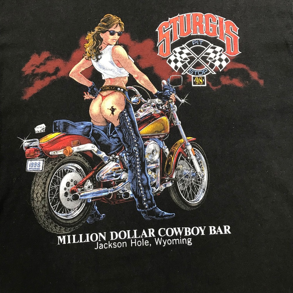 Vintage Sturgis Biker Lady T Shirt Men's XL Black Million Dollar Cowboy Bar 90s